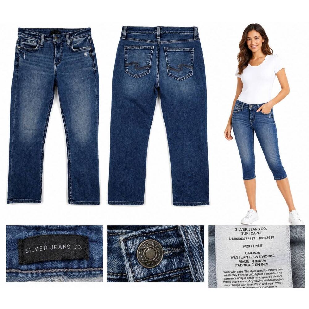 Silver Suki Capri Jeans W28 Blue Mid Rise Stretch Denim